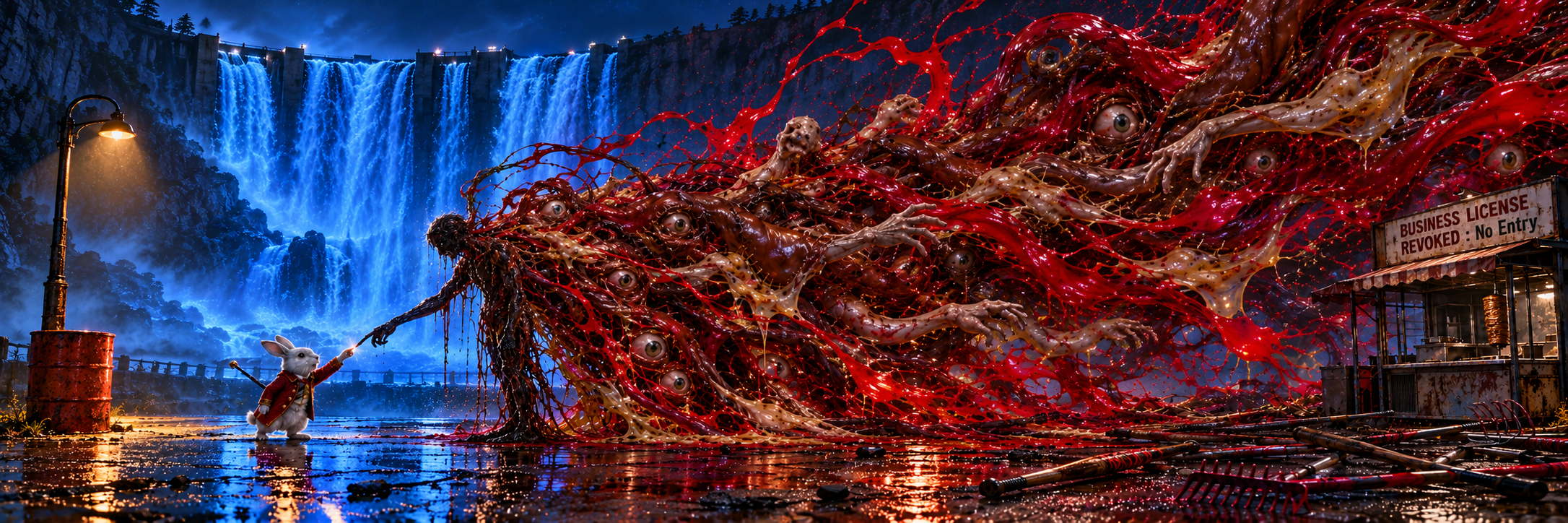 A tiny rabbit reaches toward a sprawling flesh creature beside a blue waterfall.