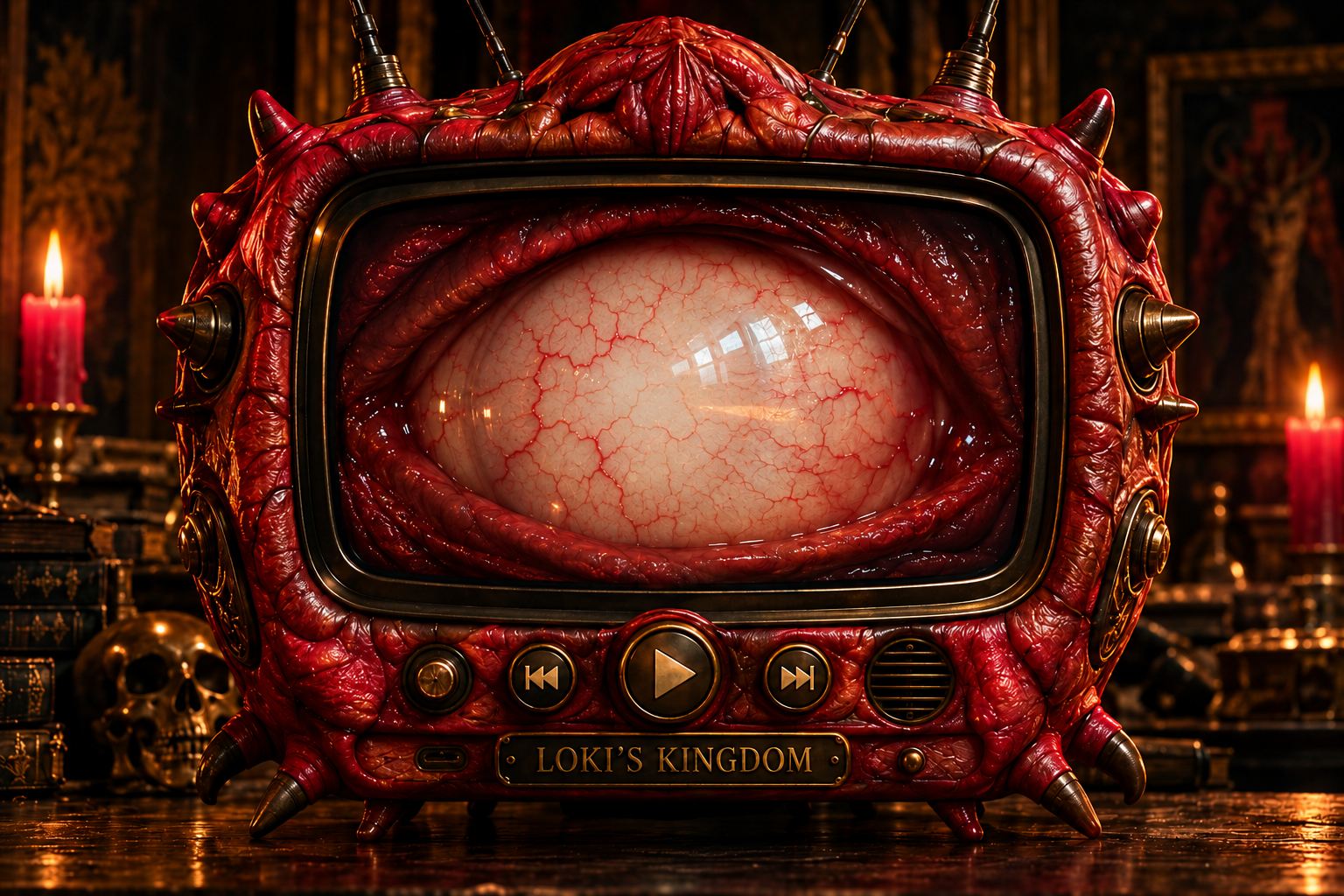 Red leathery television in a candlelit gothic room
